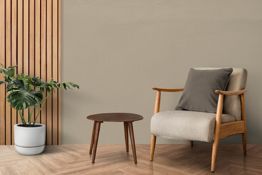 Mid-century modern living room interior design with monstera tre